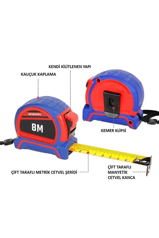 Wp261044 8mx25mm Naylon Kaplama Sarı Çift Taraflı Manyetik Çelik Şerit Metre