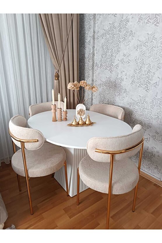 120x90 cm Oval BEJ Fitilli Ahşap Yemek Masası - Fungi Serisi - Mutfak Balkon Kafe masası