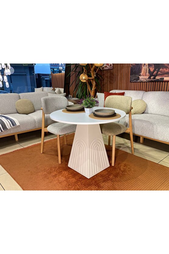100 cm Yuvarlak Bohem Bej Ahşap Yemek Masası - Bej Krem Mutfak ve Salon Yemek masası