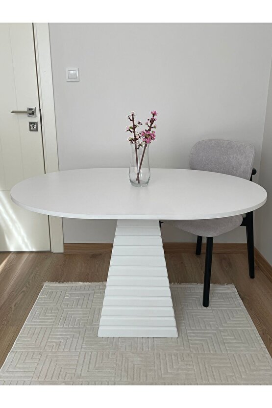 120x90 Cm Oval Beyaz Eksen Ahşap Yemek Masası - Fungi Serisi - Mutfak, Balkon, Kafe Masası