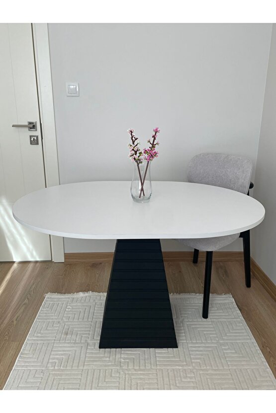 120x90 Cm Yuvarlak Beyaz Eksen Ahşap Yemek Masası - Fungi Serisi - Mutfak, Balkon Kafe Masası