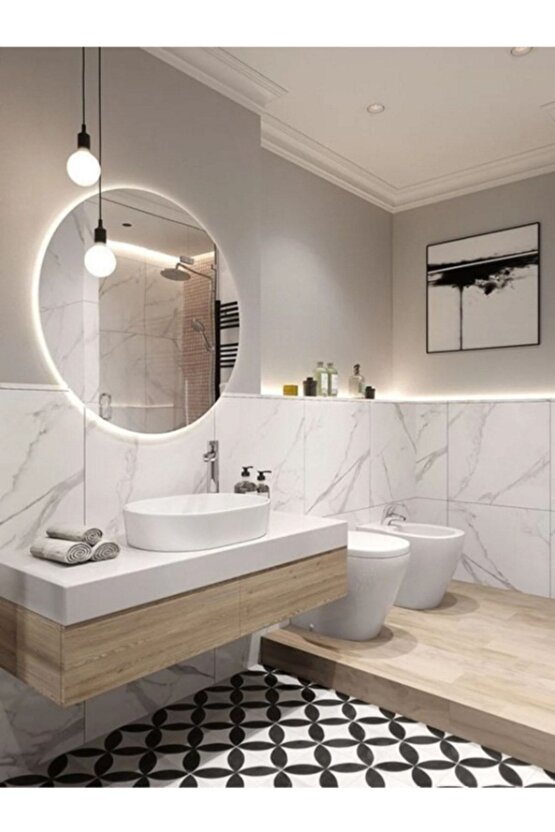 60 cm Beyaz Ledli Yuvarlak Banyo Aynası Makyaj Aynası Trafolu