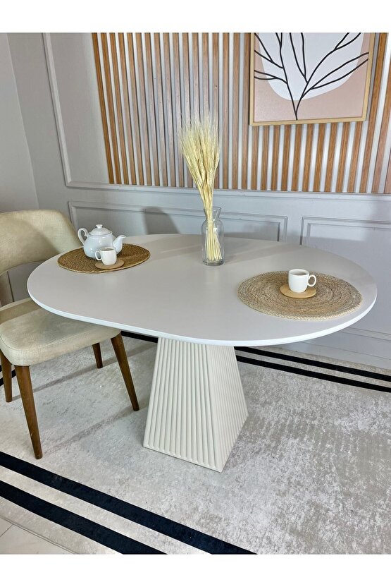 120x90 Cm Oval Beyaz Fitilli Ahşap Yemek Masası - Fungi Bohem Serisi - Balkon Ve Kafe Masası