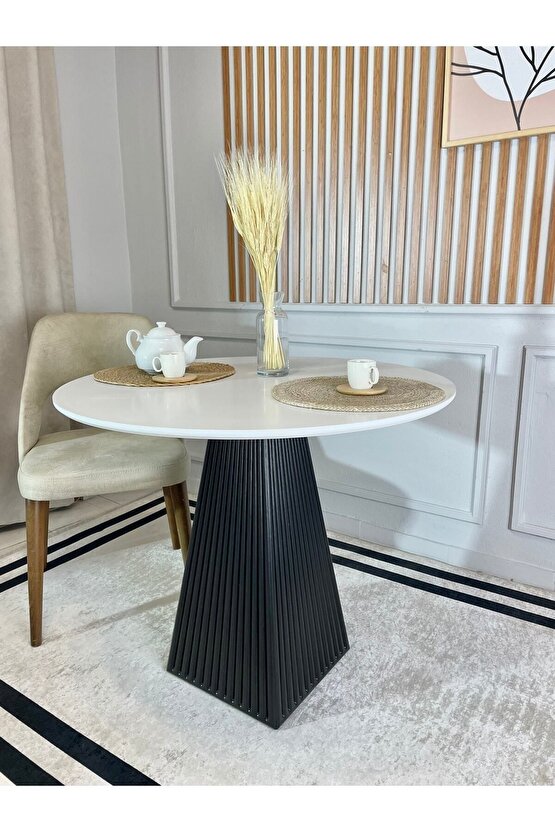 100 Cm Siyah Fitilli Yuvarlak Ahşap Yemek Masası - Fungi Mantar Masa - Balkon Kafe Masası