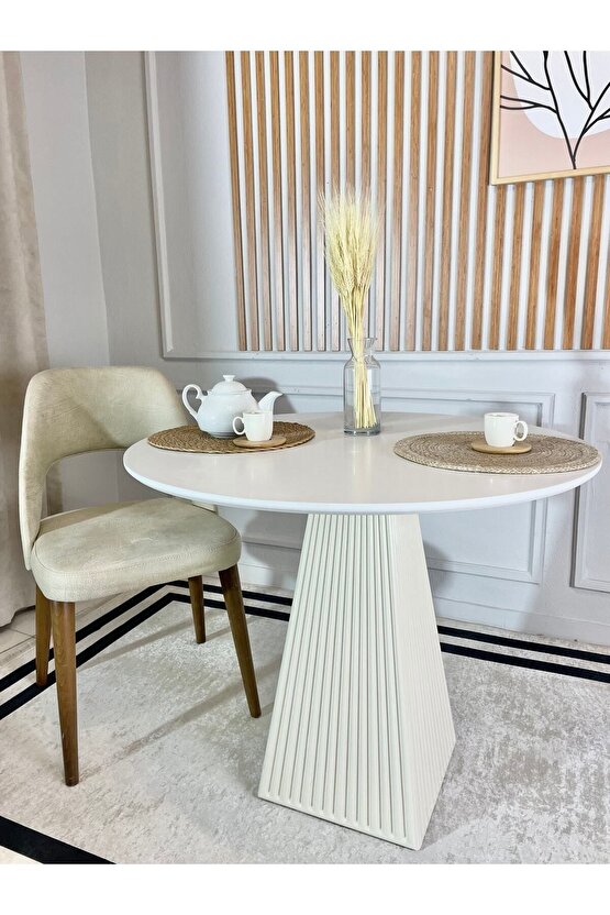 100 Cm Yuvarlak Beyaz Fitilli Ahşap Yemek Masası - Fungi Bohem Mantar Masa - Mutfak Balkon Kafe