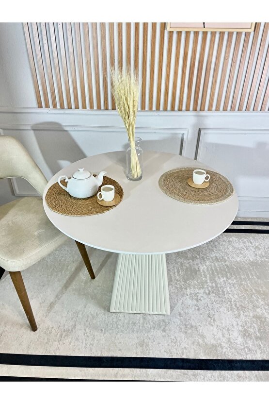 100 Cm Yuvarlak Beyaz Fitilli Ahşap Yemek Masası - Fungi Bohem Mantar Masa - Mutfak Balkon Kafe