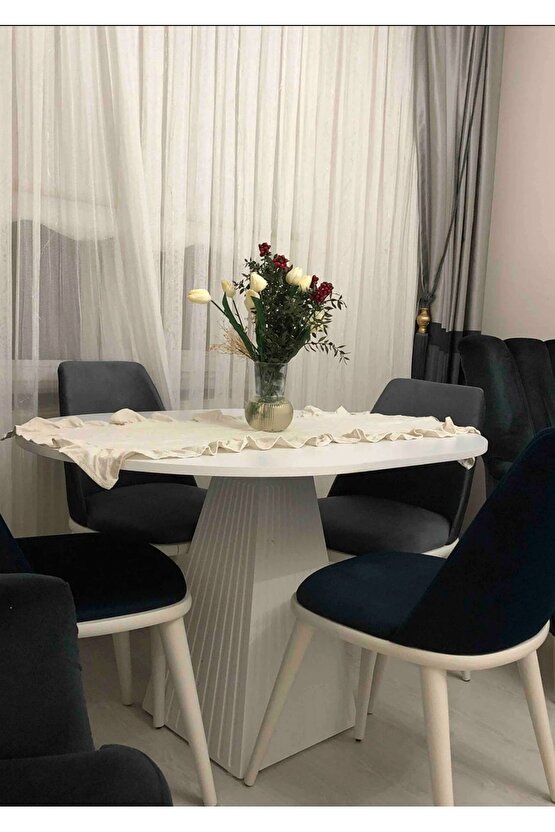 100 Cm Yuvarlak Beyaz Fitilli Ahşap Yemek Masası - Fungi Bohem Mantar Masa - Mutfak Balkon Kafe