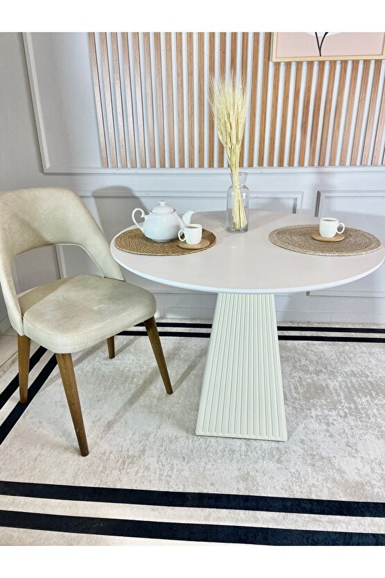 90 Cm Yuvarlak Ahşap Beyaz Fitilli Yemek Masası - Fungi Bohem Mantar Masa - Çalışma Balkon Ve Kafe