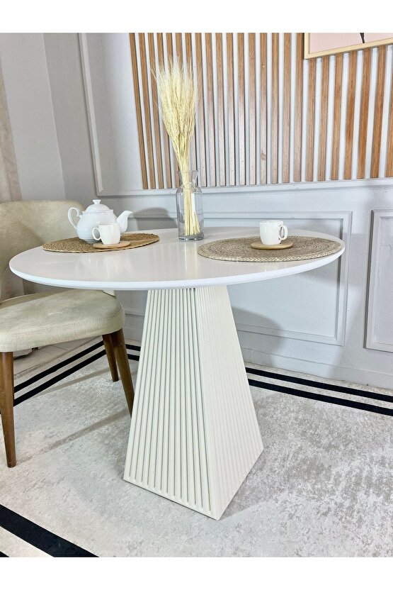 90 Cm Yuvarlak Ahşap Beyaz Fitilli Yemek Masası - Fungi Bohem Mantar Masa - Çalışma Balkon Ve Kafe