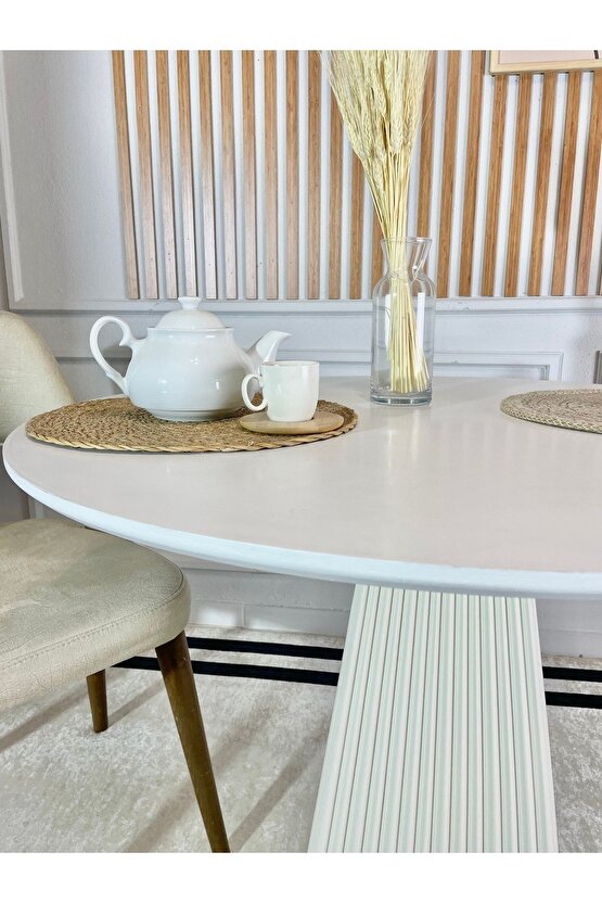90 Cm Yuvarlak Ahşap Beyaz Fitilli Yemek Masası - Fungi Bohem Mantar Masa - Çalışma Balkon Ve Kafe