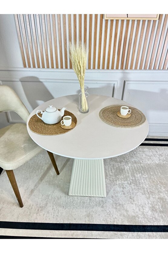 90 Cm Yuvarlak Ahşap Beyaz Fitilli Yemek Masası - Fungi Bohem Mantar Masa - Çalışma Balkon Ve Kafe
