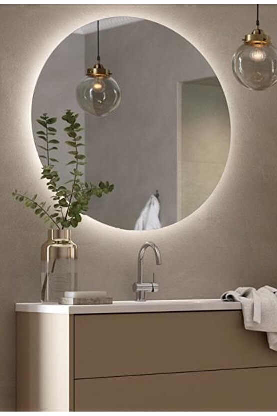 80 Cm Beyaz Ledli Yuvarlak Banyo Aynası Makyaj Aynası Trafolu