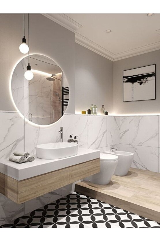 60 Cm Beyaz Ledli Yuvarlak Banyo Aynası Makyaj Aynası Trafolu