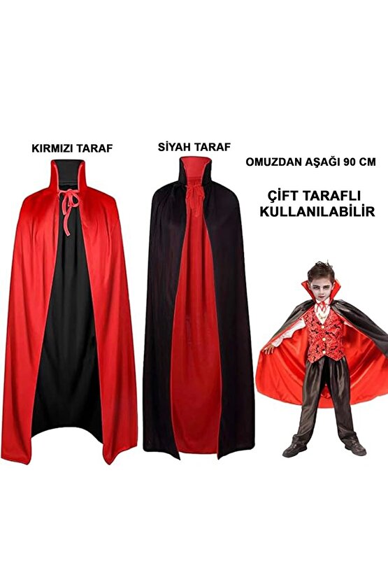 Çift Taraflı Kullanılabilir Siyah Kırmızı Yakalı Pelerin 90 cm Çocuk (4767)