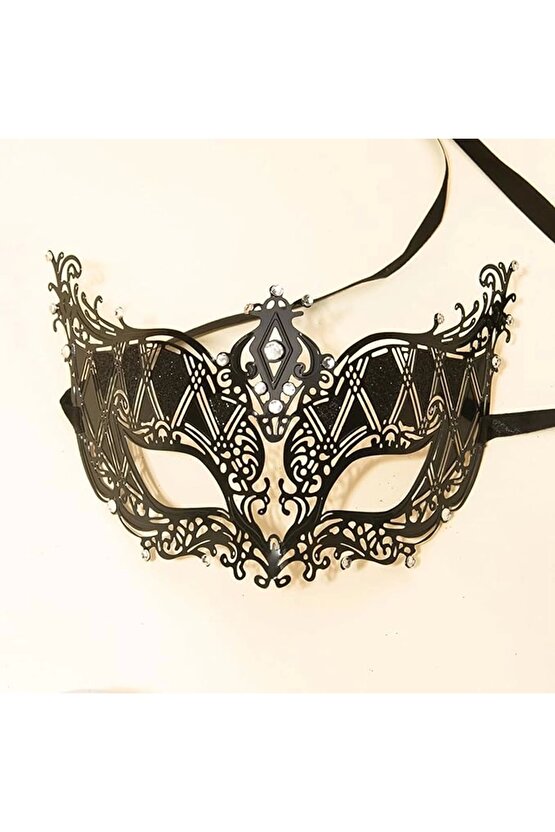 Kristal Gümüş Taşlı Siyah Renk Lazer Kesim Metal Lüks Maske Balo Parti
