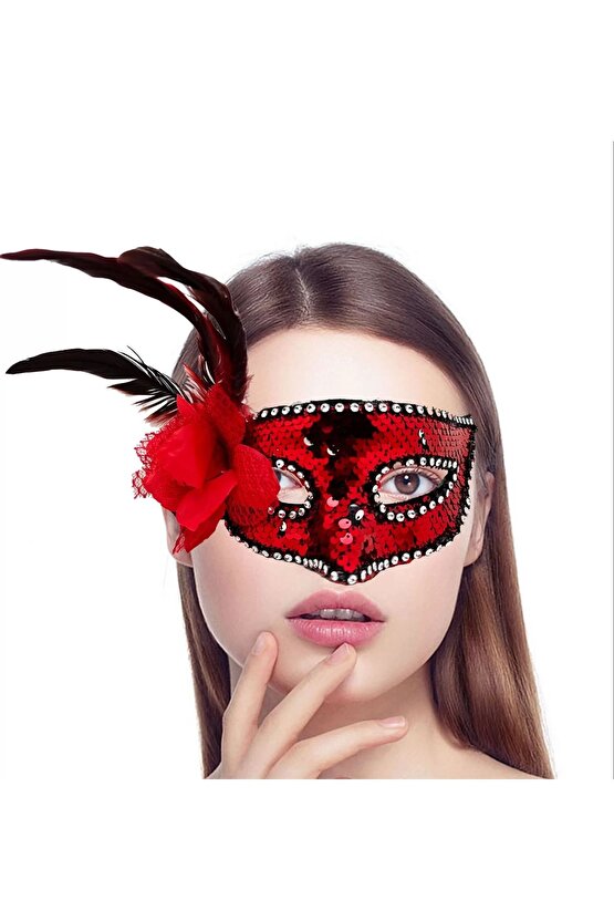 Kırmızı Renk Yandan Tüylü Güllü Gümüş Taşlı Pullu Maske 20x22 Cm