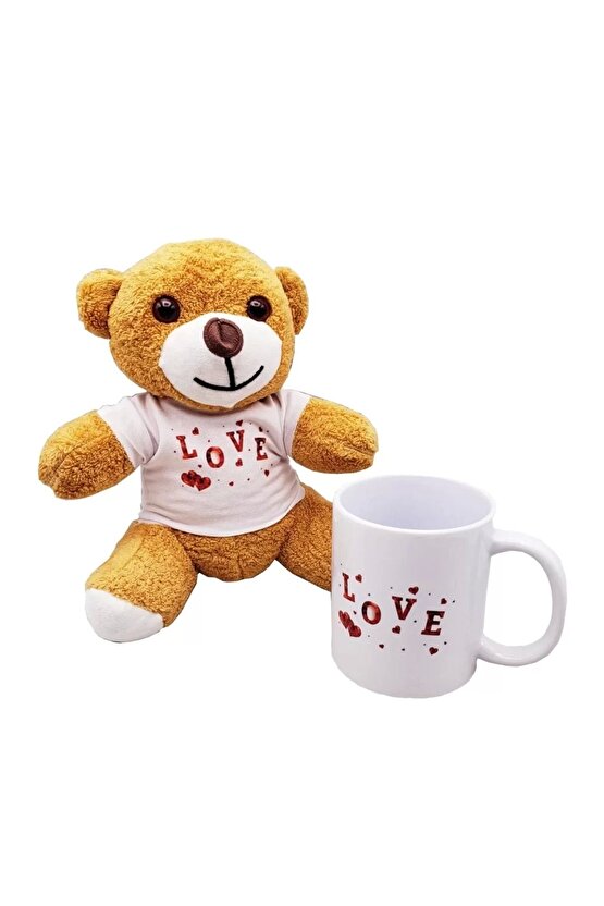 Love Baskılı Kahverengi Ayıcık Ve Kupa Seti