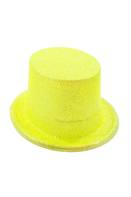Floresan Sarı Renk Simli Uzun Fötr Melon Şapka 12 Cm