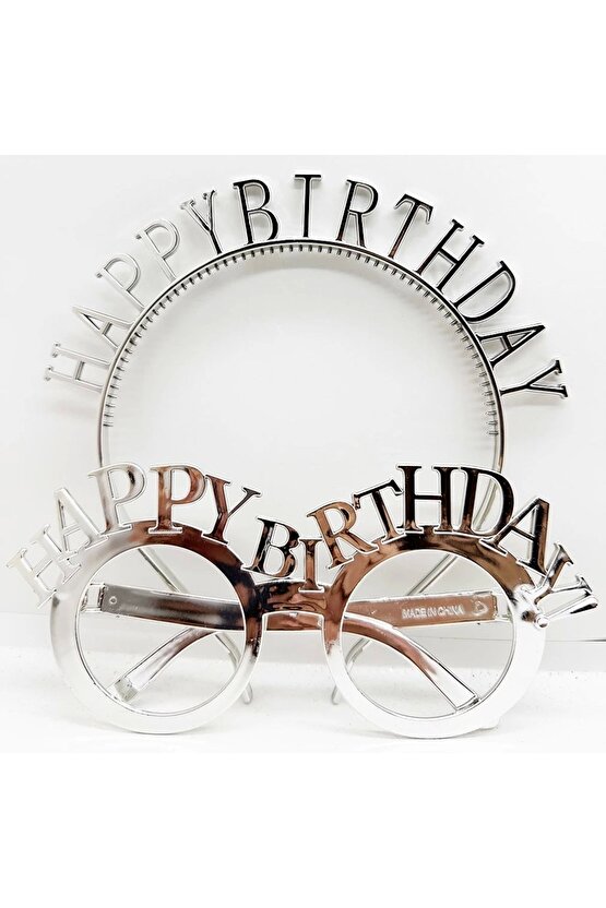 Happy Birthday Yazılı Taç ve Happy Birthday Yazılı Gözlük Seti Gümüş Renk (4767)
