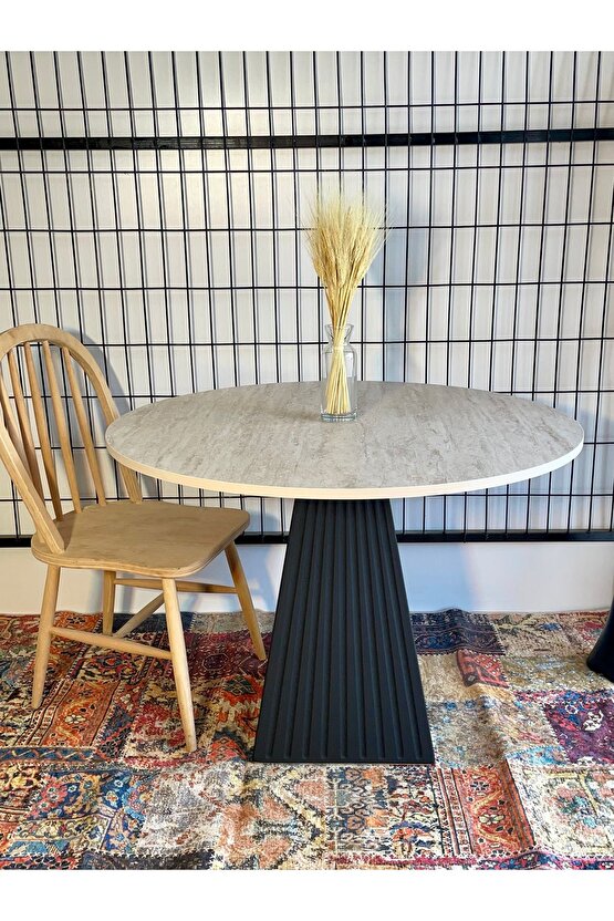 100 cm TRAVERTEN MERMER DESENLİ YEMEK MASASI SİYAH FİTİLLİ MUTFAK SALON BALKON MASASI