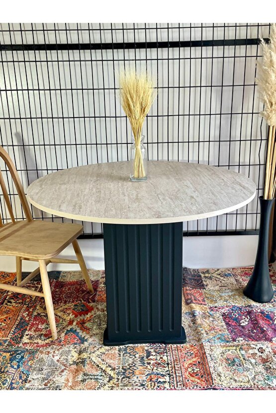 100 cm TRAVERTEN MERMER DESENLİ YEMEK MASASI SİYAH EFES AYAK MUTFAK BALKON SALON YEMEK MASASI