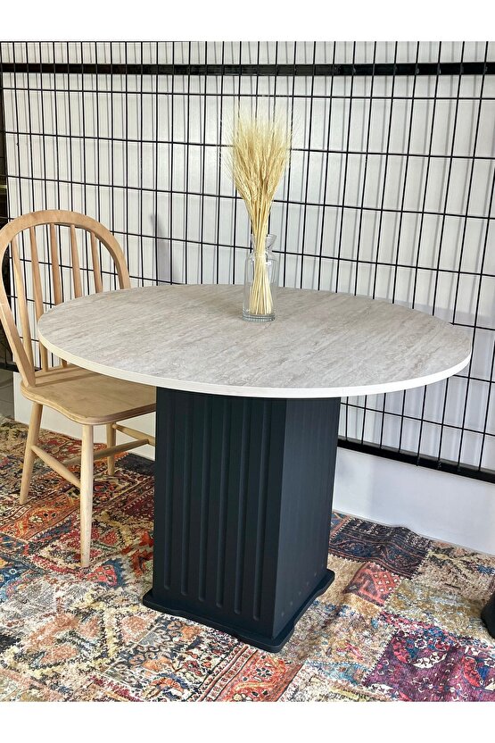 100 cm TRAVERTEN MERMER DESENLİ YEMEK MASASI SİYAH EFES AYAK MUTFAK BALKON SALON YEMEK MASASI