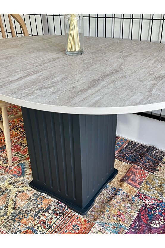 100 cm TRAVERTEN MERMER DESENLİ YEMEK MASASI SİYAH EFES AYAK MUTFAK BALKON SALON YEMEK MASASI