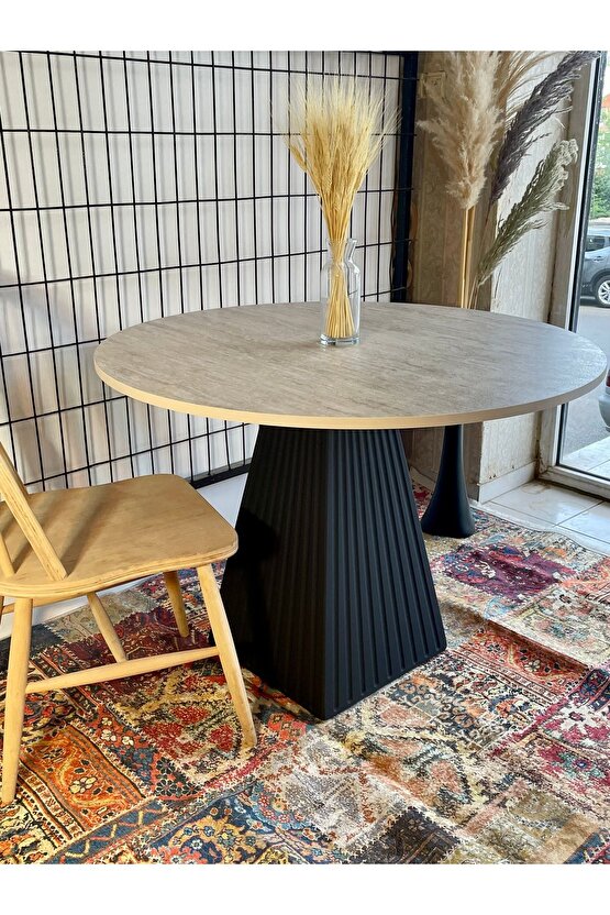 90cm TRAVERTEN MERMER GÖRÜNÜM YEMEK MASASI SİYAH FİTİLLİ AYAK BALKON MUTFAK KAFE