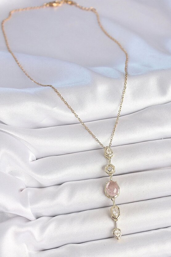 316L Çelik Zincir Gold Renk Pembe Zirkon Taşlı Y Kolye