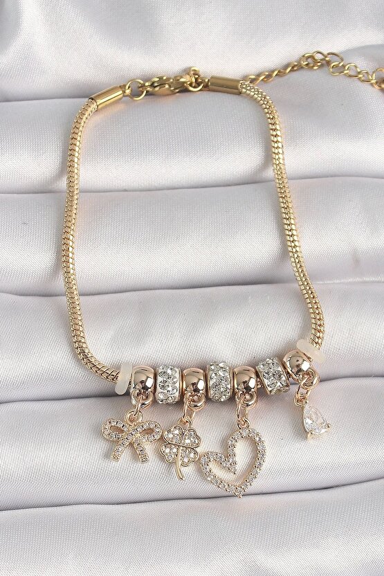Muı Muı Pirinç Gold Renk Zincir Sallantı Zirkon Taşlı Kalp Figür Yonca Detay Kadın Bileklik