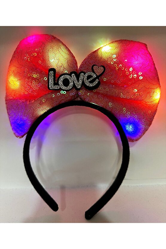 Led Işıklı 3 Farklı Fonksiyonda Yanan Gümüş Love Yazılı Fuşya Pembe Fiyonk Taç 20x17 Cm