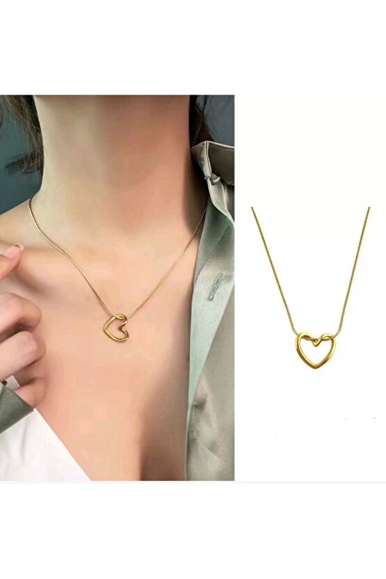 316L Çelik Zincir Gold Renk Kalp Model Kadın Kolye