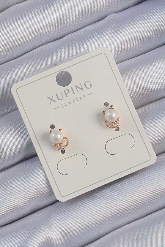 Xuping Rose Renk Zirkon Taşlı İncili Kedi Küpe