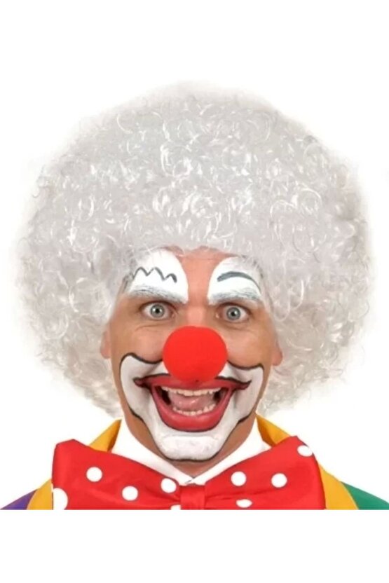 Beyaz Renk Kıvırcık Afro Bonus Peruk Saç Ve Kırmızı Sünger Burun Seti