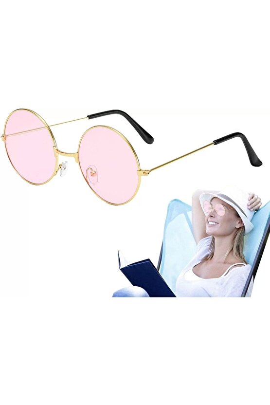 Yulak Cam John Lennon Tarzı Hippi Gold Çerçeveli Pembe Gözlük