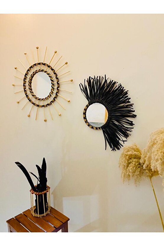 Wall Art Siyah Rafya Ve Boncuklu Ayna Duvar Dekorasyon Ürünü 3’lü Set