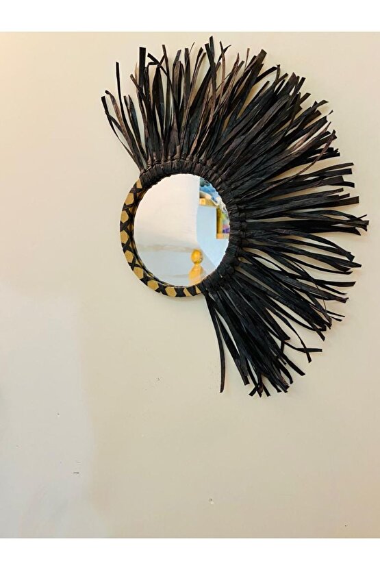 Wall Art Siyah Rafya Ve Boncuklu Ayna Duvar Dekorasyon Ürünü 3’lü Set