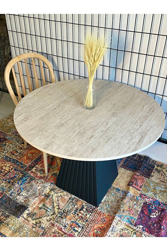 100 cm TRAVERTEN MERMER DESENLİ YEMEK MASASI SİYAH FİTİLLİ MUTFAK SALON BALKON MASASI