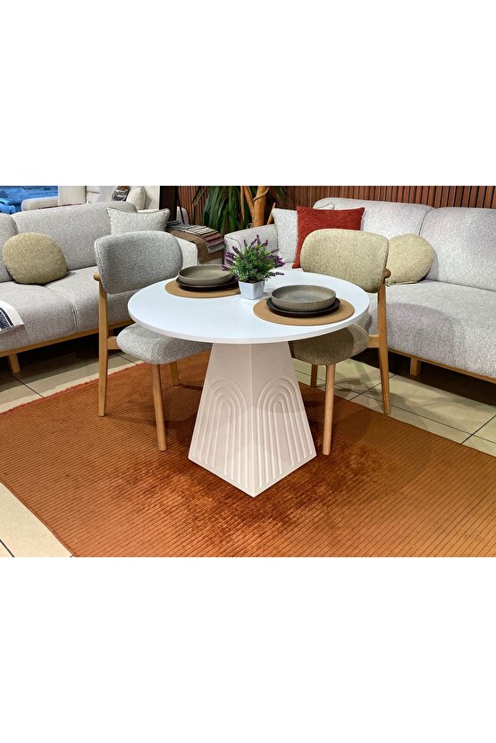 90 cm Yuvarlak Bohem Bej Ahşap Yemek Masası - Bej Krem Mutfak ve Salon Yemek masası