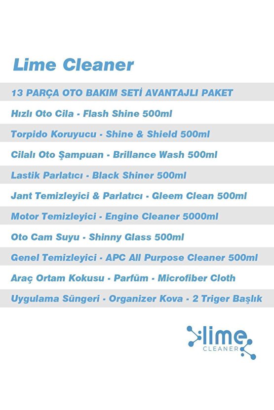 13’lü Oto Bakım Temizlik Seti, Jant, Torpido, Motor, Lastik, Oto Şampuan, Bez, Kova, Full Bakım Seti