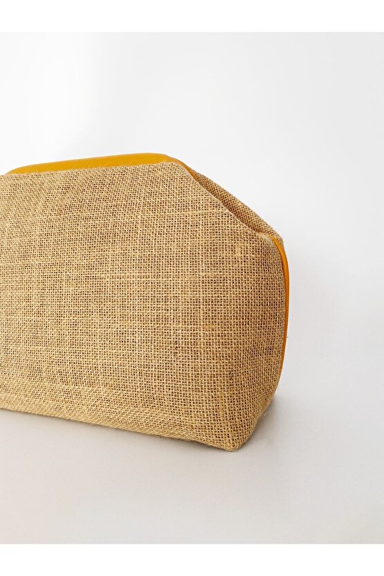 Kadın Sarı Biyeli Jüt Hasır Clutch El Çantası