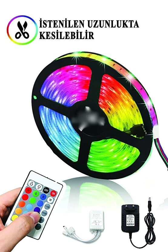 Led 5 Mt Renkli Kumandalı Adaptörlü Çift Taraflı Bant Tak Çalıştır Rgb 20 Fonksyonlu Şerit