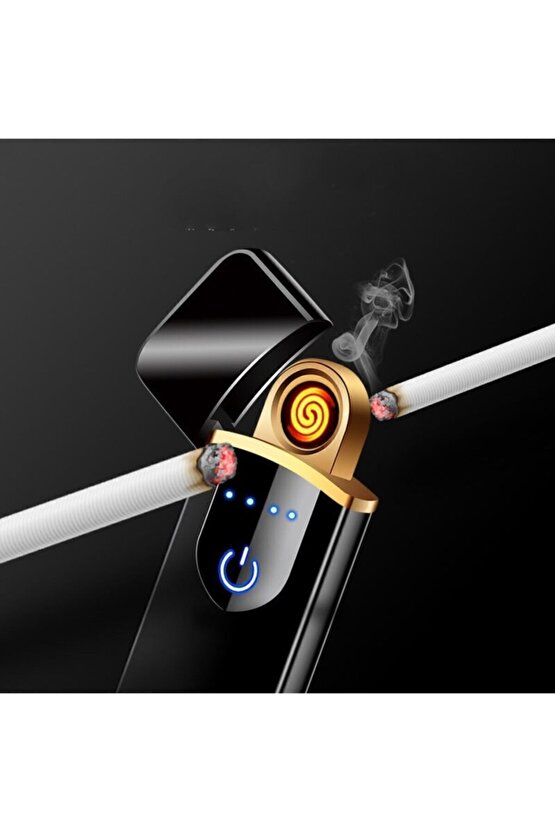 Çift Taraflı Elektrikli Slim Lüks Usb Şarjlı Siyah Çakmak Parmak Izli