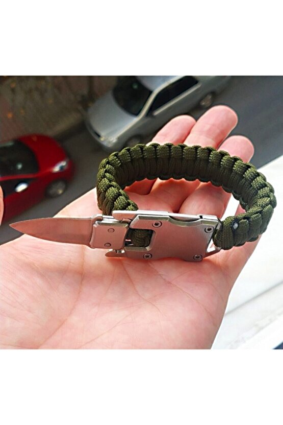 Bayan Erkek Giyebilir Çok Amaçlı Çelik Bıçaklı Korumalı Bilezik Paracord Bileklik Yeşil