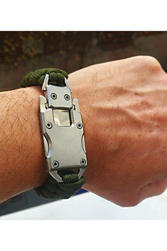 Bayan Erkek Giyebilir Çok Amaçlı Çelik Bıçaklı Korumalı Bilezik Paracord Bileklik Yeşil