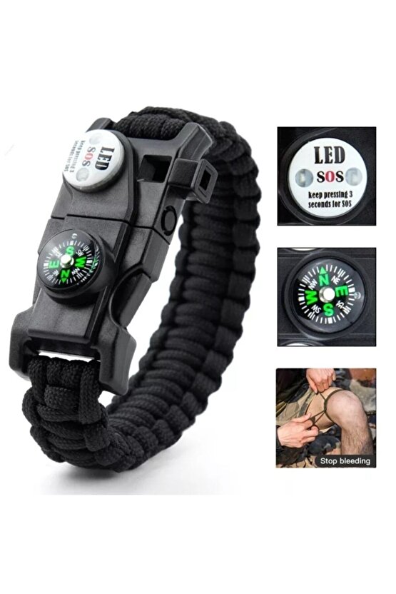 Paracord Acil Sos Led Işıklı Paracord Bileklik + Pusula + Düdük + Ateş Başlangıcı