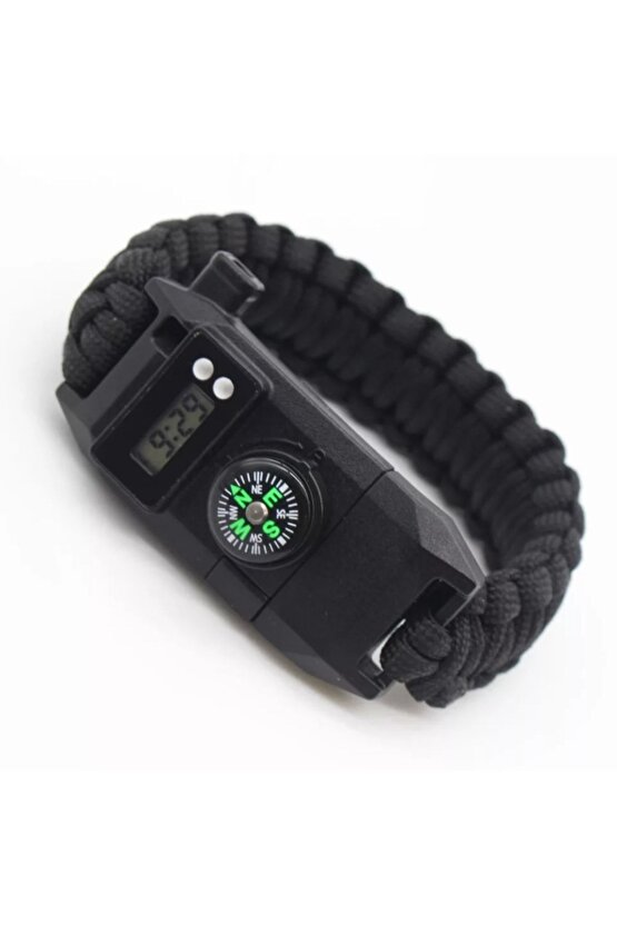 Profesyonel Paracord Bileklik Dijital Saat Pusula Ateş Başlatıcı Düdük Cam Kırıcı Fonksiyonel