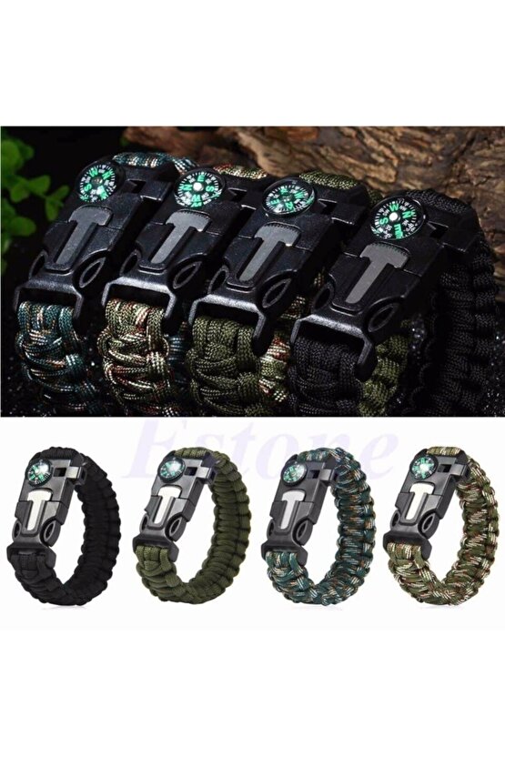 5i 1 Arada Outdoor Survival Paracord Bileklik Mavi & Kamuflaj
