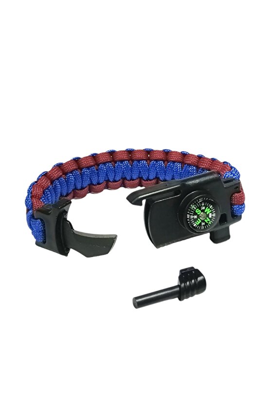 Paracord Bordo Mavi Taraftar Unisex Bileklik Bıçak Pusula Magnezyum Çubuğu