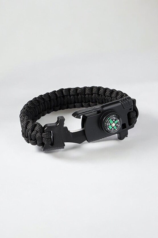 Paracord Siyah Bileklik Bıçak Pusula Magnezyum Çubuğu İkaz Düdüğü